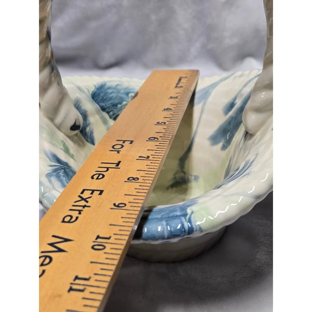 Vintage Signed Ceramic Marbled Blue Green Swirl Woven Basket Twisted Handle